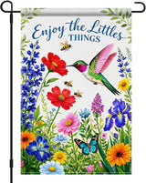 IVN Hummingbird Garden Flag 12x18 Inch – Enjoy the Little Things Floral Outdoor Flag, Double Sided Burlap Spring Summer Yard Flag for Porch Lawn Patio Decor