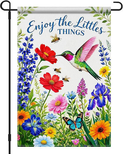 IVN Hummingbird Garden Flag 12x18 Inch – Enjoy the Little Things Floral Outdoor Flag, Double Sided Burlap Spring Summer Yard Flag for Porch Lawn Patio Decor