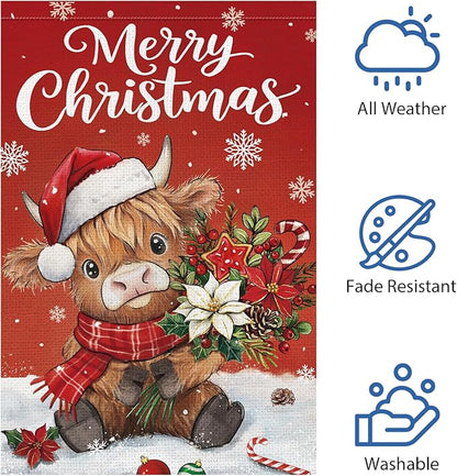 Heyfibro Merry Christmas Highland Cow Garden Flag 28x40 Inch Double Sided Burlap, Winter Snowflake Yard Flags for Holiday Xmas Seasonal Outdoor Decoration(ONLY FLAG)