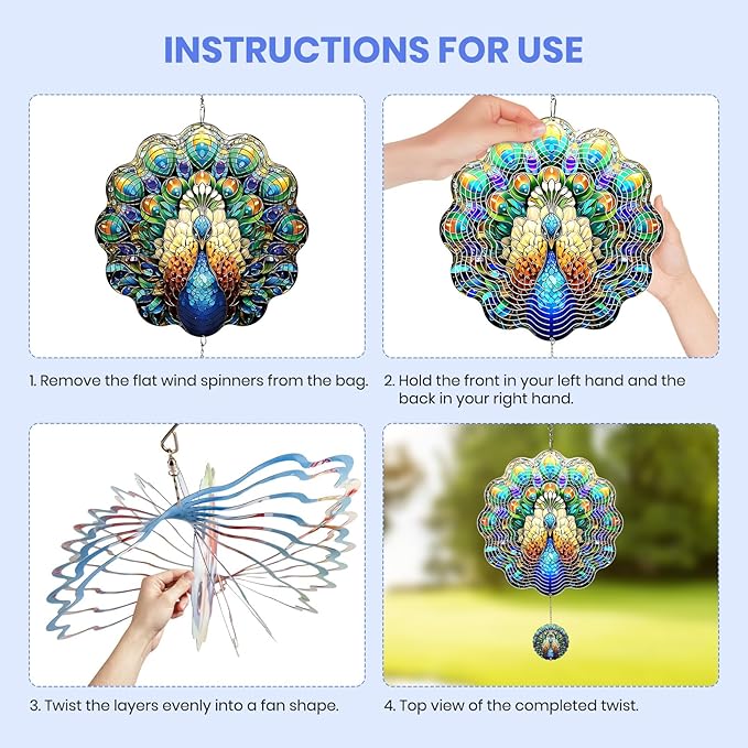 MXJSUA Peacock Wind Spinners for Indoor Outdoor Garden Decoration, 12 Inch Peacock Stainless Steel Hanging Wind Spinners Ornaments Crafts for Gifts