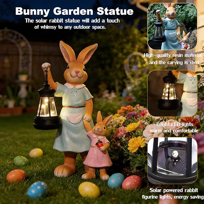 VEEKI Garden Statues Outdoor, Cute Rabbit Statue with Solar Lantern, Resin Bunny Figurines Lights Outdoor Waterproof for Patio Yard Lawn Ornament, Unique Housewarming Birthday Gifts for Women (Bunny)