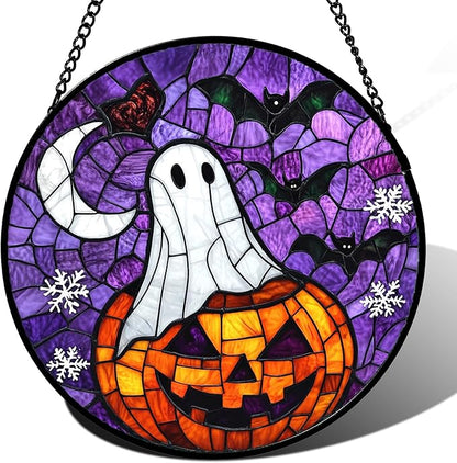 Stained Glass Window Hanging Halloween Horror Pumpkin 6.3" - Suncatcher Door Garden Sunroom Gothic Style Ghost Bat Sun Catcher Birthday for Friend Mom Men Woman Nana