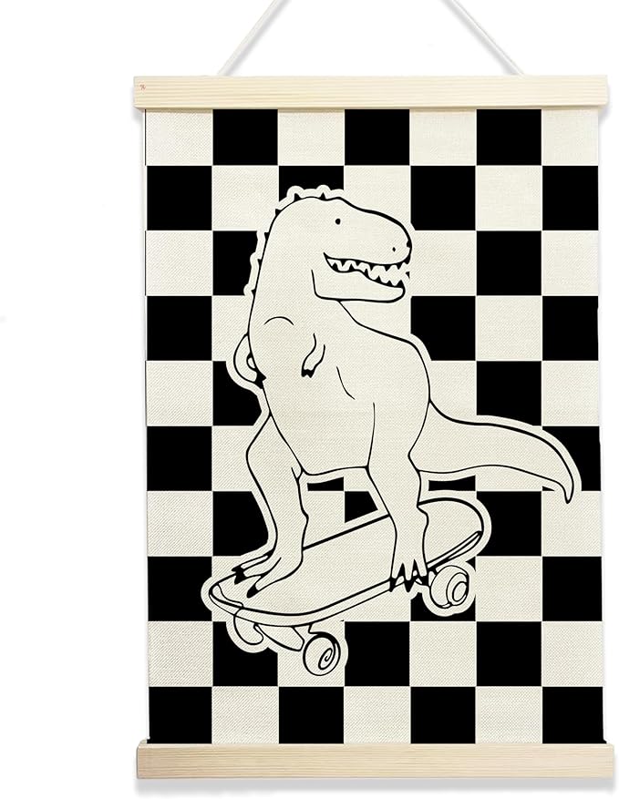 Skateboarding Dinosaur Wall Art, Checkered Black and White Kids Room Decor, Cool Poster for Boys Bedroom or Playroom, 12x17 Inch Canvas Hanging (135)