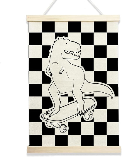 Skateboarding Dinosaur Wall Art, Checkered Black and White Kids Room Decor, Cool Poster for Boys Bedroom or Playroom, 12x17 Inch Canvas Hanging (135)