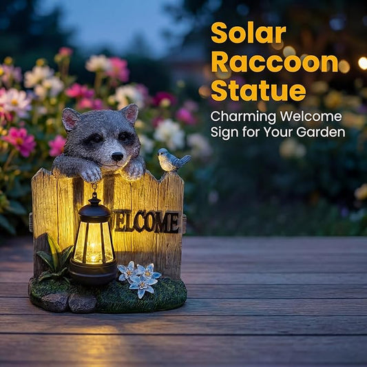 Solar LED Garden Statue with Raccoon and Welcome Sign, Outdoor Decorative Lantern with Bird and Flowers for Porch, Patio or Yard
