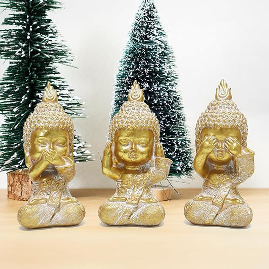 Owl Statue Garden Decor, Resin Waterproof Halloween Indoor Outdoor Lawn Yard Patio Office Living Room Decoration Gifts for Mom Women (8.3 Inch) (Golden 3 Buddha)