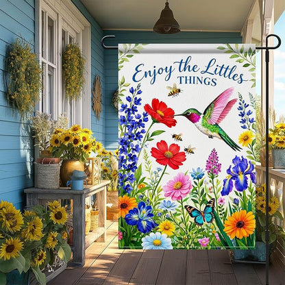 IVN Hummingbird Garden Flag 12x18 Inch – Enjoy the Little Things Floral Outdoor Flag, Double Sided Burlap Spring Summer Yard Flag for Porch Lawn Patio Decor