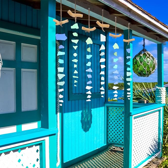 Weysat 6 Pcs Sea Glass Wind Chimes for Outside, Beach Gifts Coastal Decor Wind Chimes with Wooden Hanger, Boho Gifts for Mom Women, Hanging Beachy Decor for Home Wall Outdoor Garden Decorations