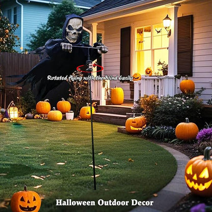 LarpGears Outdoor Halloween Skeleton Decorations, 7.8Ft Flying Rotated Skull Reaper Ghost Scarecrow Decorations for Garden, Porch, Yard
