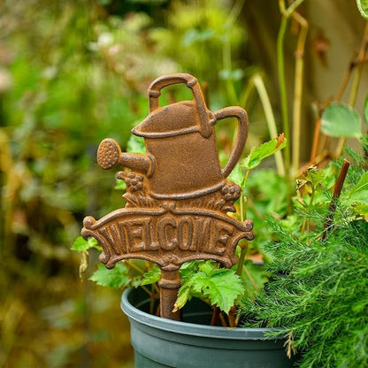 Sungmor Vintage Cast Iron Decorative Garden Stake, Rustic Welcome Yard Art Sign with Stake, 12.6" Tall Metal Watering Can Stake with Welcome Sign, Lawn Patio Backyard Outdoor Spring Decor