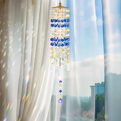 Crystal Wind Chimes for Outside with Rainbow Light Reflections Glass Bells and Rose Gold Alloy Hooks Indoor Outdoor Decor for Home Garden Patio Porch Birthday House Warming (Blue)