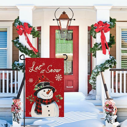 Christmas Snow Snowman Garden Flag Winter Snowflake Yard Flag 12x18 Inch Double Sided Red Cardinal Birds House Banner Merry Xmas Poinsettia Happy Holiday Wall Banners Farmhouse Outdoor Decor