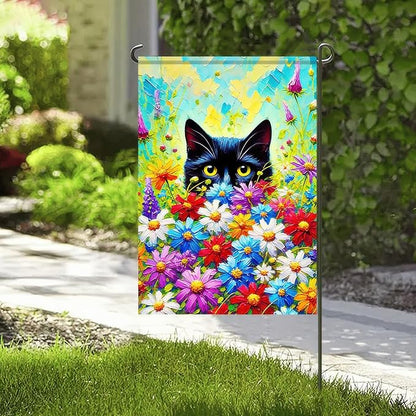 BlissYard Spring Black Cat Garden Flag 12×18 Inch Double Sided Small Black Cat Flower Floral Garden Yard Flags for Spring Summer Outside Outdoor House Decoration Banner