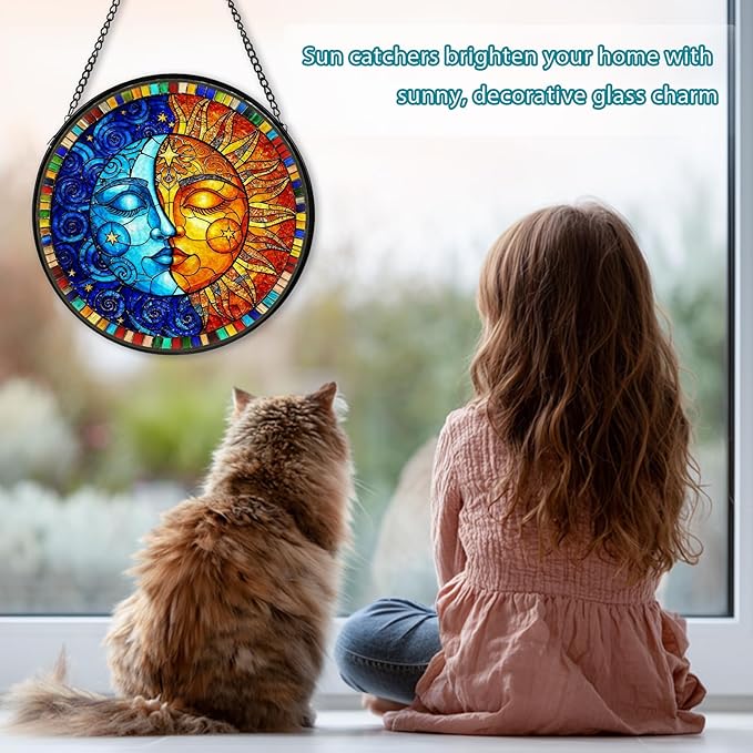 Sun and Moon Stained Glass Window Hanging, Suncatcher for Window Hanging, Moon Sun Catchers Indoor Windows Wall Art for Mom Grandma, Christmas Thanksgiving Gift, for Home Garden Office 7.87 inches
