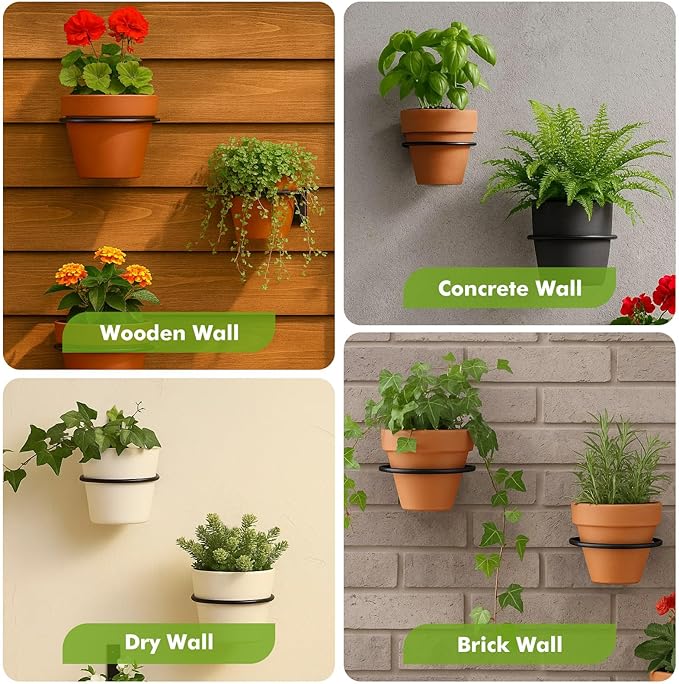 12-Pack 8 Inch Flower Pot Holder Ring Hanging Plant Holder Wall Mount Metal Plant Hangers Indoor Outdoor Planter Hooks Brackets for Patio, Garden, Home, Matte Black