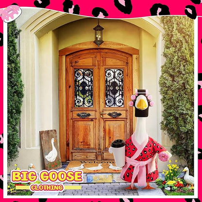 Shyyween Lady Porch Goose Outfit for 23'' Cement Plastic Lawn Goose Statue Clothes Pink Leopard Bathrobe Coffee Cup Curlers for Outdoor Garden Yard Patio Decoration