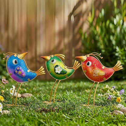 HONGLAND Garden Decor, Set of 3 Funny Metal & Glass Bird Statues for Indoor Outdoor, Colorful Yard Art with Hand-Painted Glass, Gift for Home Garden Decorations