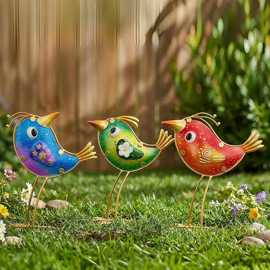 HONGLAND Garden Decor, Set of 3 Funny Metal & Glass Bird Statues for Indoor Outdoor, Colorful Yard Art with Hand-Painted Glass, Gift for Home Garden Decorations