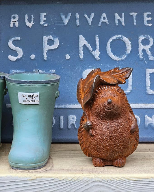 Rust Iron Hedgehog Garden Statue, 3.9 Inch High Cute Animal Garden Figurines for Patio Yard Lawn Outdoor Decor(Rust, White Color) (Rust-Leaf)