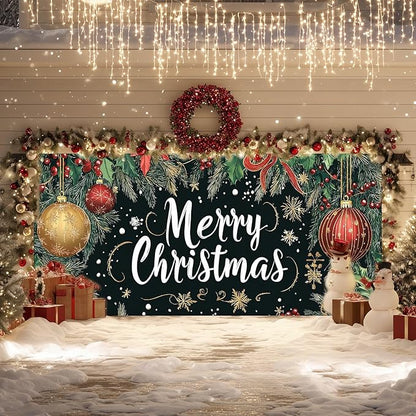 IVN Merry Christmas Happy New Year Garage Door Banner 13x6 ft Christmas Garage Door Cover Wnter Scene Background Indoor Outdoor Black Snowflake Tree Holly Ornaments Holiday Decorations for Home and Events Wall Backdrop Decor