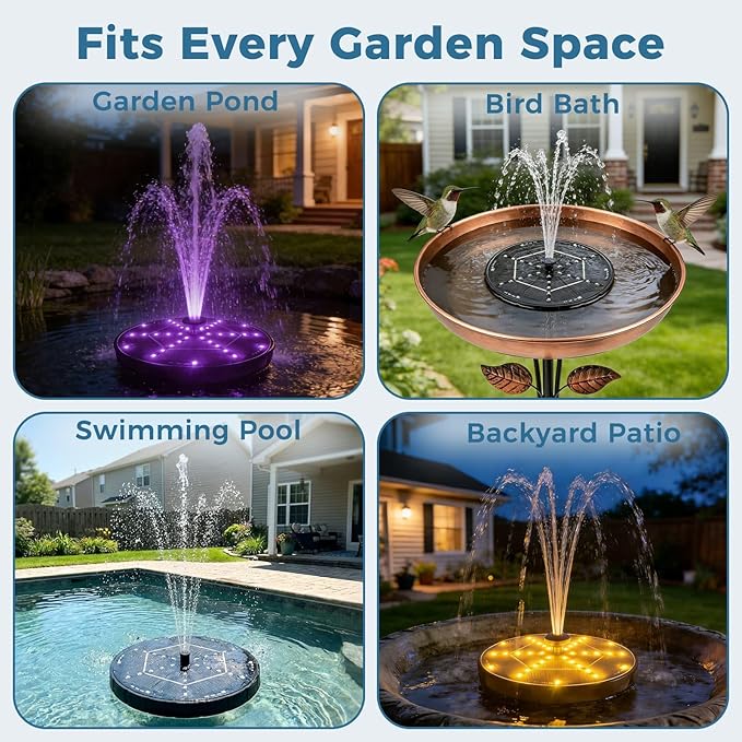 Solar Fountain for Bird Bath with Colorful LED Lights, Floating Solar Fountain, 3W Solar Powered Water Fountain Pump with Strong Spray & 5 Nozzles for Garden, Pond, Pool, 36 LED Lights