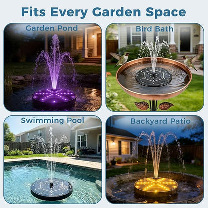 Solar Fountain for Bird Bath with Colorful LED Lights, Floating Solar Fountain, 3W Solar Powered Water Fountain Pump with Strong Spray & 5 Nozzles for Garden, Pond, Pool, 36 LED Lights
