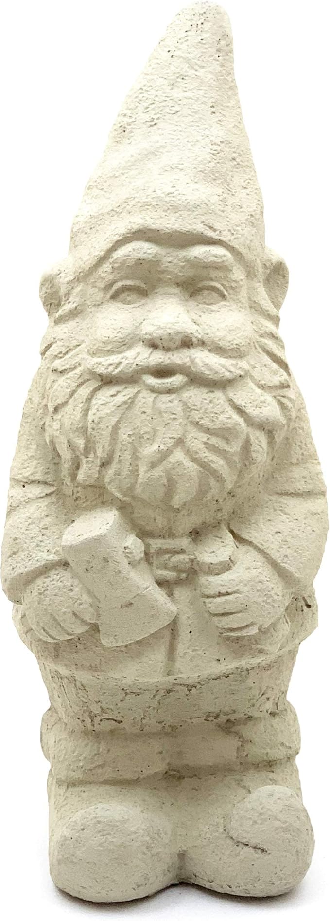 Garden Gnome with Hatchet: Solid Durable Stone Statue with Vintage Texture. Sealed for Outdoor Use. Handcrafted USA. (Classic/White)