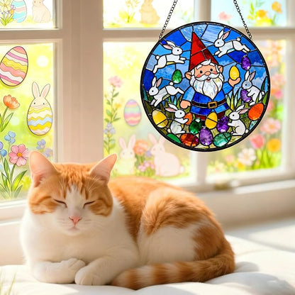 Funoasis Easter Bunny and Gnome Stained Glass Suncatcher - 6.3 Inches Window Hanging Ornaments for Spring Holiday Home Decoration