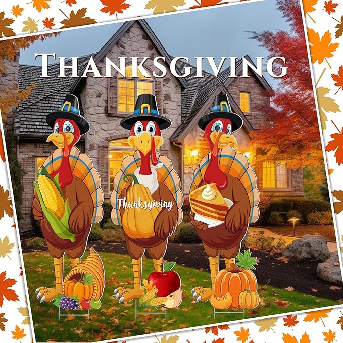 Umigy 3 Pcs Thanksgiving Yard Sign Gobble Turkey Garden Decor with Stakes 32 x 10 Inch Harvest Turkey Outdoor Lawn Sign Thanksgiving Yard Decor Garden Decoration Outside for Home Pathway Walkway