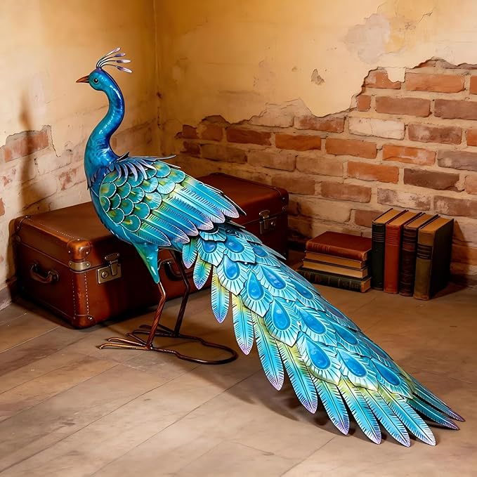 31" L Metal Peacock Garden Statue, Handcrafted Walking Peacock Large Outdoor Yard Art Decor with Iridescent Blue & Green Finish & Ground Stakes, Lifelike Sculpture for Garden Lawn Flowerbed