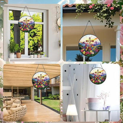 Cross Stained Glass Window Hanging, Cross Wildflowers Sun Catchers Indoor Window Plant Lover Gifts for Women Grandma, Wall SunCatchers Decor for Garden Home Birthday Christmas