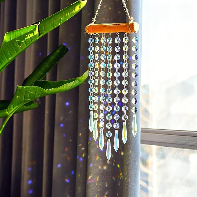 13inch Hanging Crystal Prism Suncatcher Ornament for Christmas Tree Crystal Wind Chimes Colorful Glass Beads Chain Pendant Decorative Mobiles