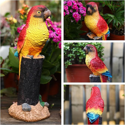 Macaw Parrot Garden Statue, 10.6" Hand-Painted Tropical Bird Figurine, Decorative Art Deco Accent for Patio and Home, Lifelike Design (Red)