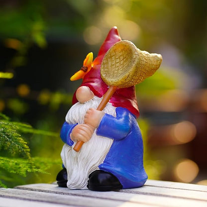 Garden Gnome Statue with Butterfly Net - Hand-Painted Resin Figurine 6.1in, Weatherproof Outdoor Decor for Patio, Yard, Lawn - Durable Indoor/Outdoor Accent, Gift for Mom,Women