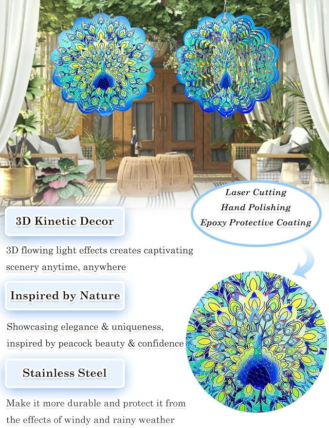 Peacock Wind Spinners Outdoor Garden Decor for Outside - 12 Inch 3D Stainless Steel Metal Wind Spinners - Peacock Gardening Gifts for Women, Yard Decorations Outdoor Hanging Decor