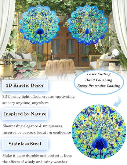 Peacock Wind Spinners Outdoor Garden Decor for Outside - 12 Inch 3D Stainless Steel Metal Wind Spinners - Peacock Gardening Gifts for Women, Yard Decorations Outdoor Hanging Decor