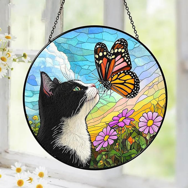 Tuxedo Cat Gifts, Black & White Cat Memorial Suncatcher Gift for Loss of Cats, Butterfly Stained Glass Suncatcher Window Hanging Garden Decor, Pet Loss Gift Christmas Sympathy Gifts for Women