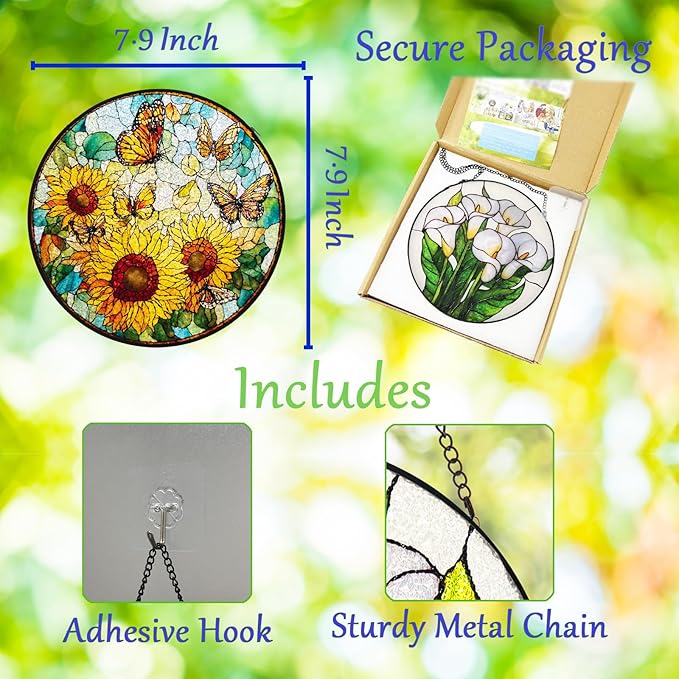 Double Sided Stained Glass Window Hanging, 7.9" Sun Catcher Panel, Green Plant Wall Art for Home & Garden, Unique Gift for Women & Men (Sunflowers&Butterflies, 7.9 Inch)