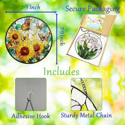 Double Sided Stained Glass Window Hanging, 7.9" Sun Catcher Panel, Green Plant Wall Art for Home & Garden, Unique Gift for Women & Men (Sunflowers&Butterflies, 7.9 Inch)