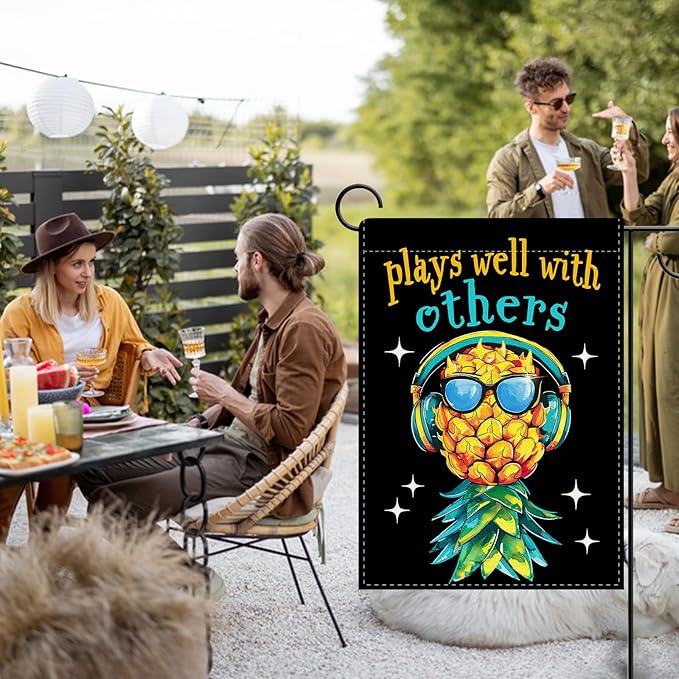 Dyrenson Upside Down Pineapple Decorative Garden Flag, Plays Well With Others Yard Outside Home Decoration, Funny Swinger Party Burlap Outdoor Small Decor Double Sided 12 x 18