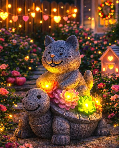 Solar Garden Outdoor Statues Decor, with Cat Turtle Succulent Garden Decor for Home House, Yard Art Lawn, Ornaments, Porch Patio, Balcony - Birthday Gifts for Grandma Mom Women