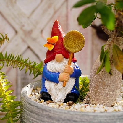 Garden Gnome Statue with Butterfly Net - Hand-Painted Resin Figurine 6.1in, Weatherproof Outdoor Decor for Patio, Yard, Lawn - Durable Indoor/Outdoor Accent, Gift for Mom,Women