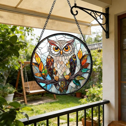 DASTOLL Stained Glass Window Hanging, Owl Colorful Leaves Birds Sun Catchers Diamond Glass Panel Hangings Suncatcher Decor for Birthday for Women, Men, Wife, Aunt, and Mom 6.3 in
