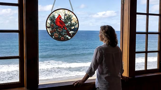 Funoasis Stained Glass Window Hanging 6.3 Inches Suncatcher - A Red Bird Stands On A Pine Tree Covered in Pinecones Ornaments Sun Catcher Home Decor Women Birthday