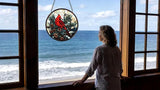 Funoasis Stained Glass Window Hanging 6.3 Inches Suncatcher - A Red Bird Stands On A Pine Tree Covered in Pinecones Ornaments Sun Catcher Home Decor Women Birthday