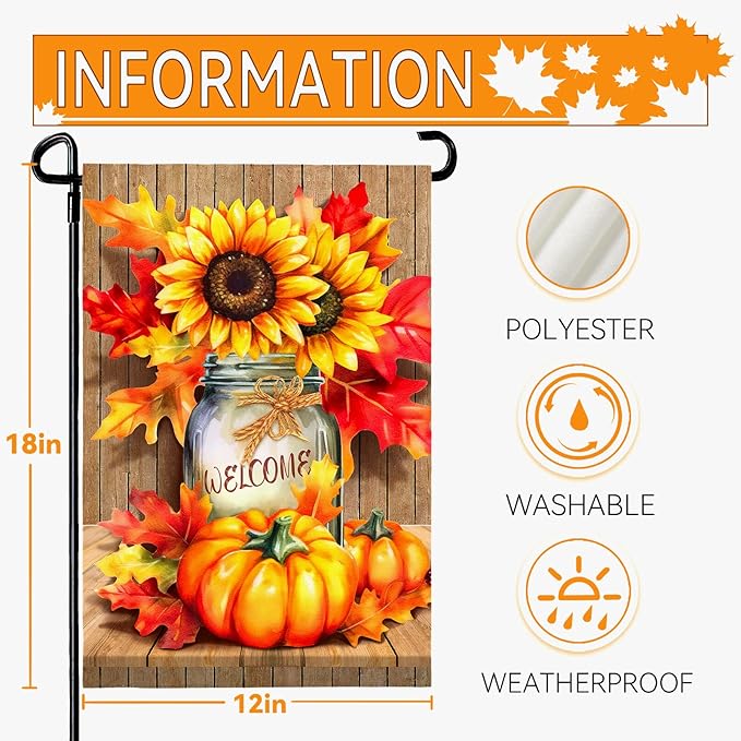 Fall Garden Flags Thanskgiving Sunflower Pumpkin Printing Garden Flag Welcome Autmn Maple Leaves Yard Flag for Outside Mason Jar Pattern Double Side Floral House Flag Decor Standard Size 12×18 Inch
