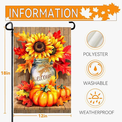 Fall Garden Flags Thanskgiving Sunflower Pumpkin Printing Garden Flag Welcome Autmn Maple Leaves Yard Flag for Outside Mason Jar Pattern Double Side Floral House Flag Decor Standard Size 12×18 Inch