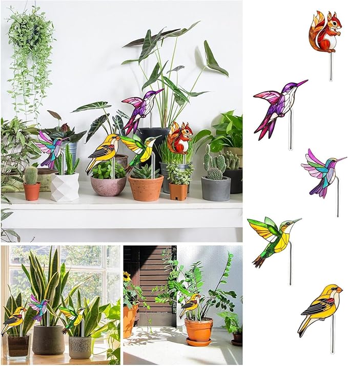Bird Butterfly Flower Plant Pot Stake Decoration, 4.7 Inch 2D Colorful Acrylic Bird Butterfly Garden Ground Insert Decor, Outdoor Yard Lawn Pathway Patio Art Ornaments, Gifts for Mom (C)
