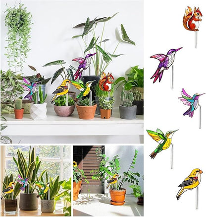 Bird Butterfly Flower Plant Pot Stake Decoration, 4.7 Inch 2D Colorful Acrylic Bird Butterfly Garden Ground Insert Decor, Outdoor Yard Lawn Pathway Patio Art Ornaments, Gifts for Mom (C)
