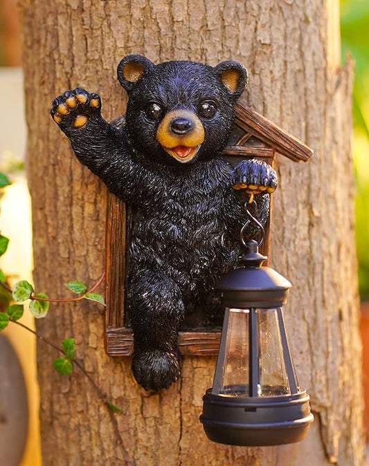 Goodeco Black Bear Tree Hugger with Solar Lantern - Perfect Bear Garden Statues Outdoor Decor & Ornament for Women, Housewarming Gifts and as Yard Decorations